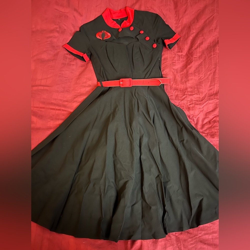 Elegant Black and Red Women's Dress with GI Joe Cobra Patch